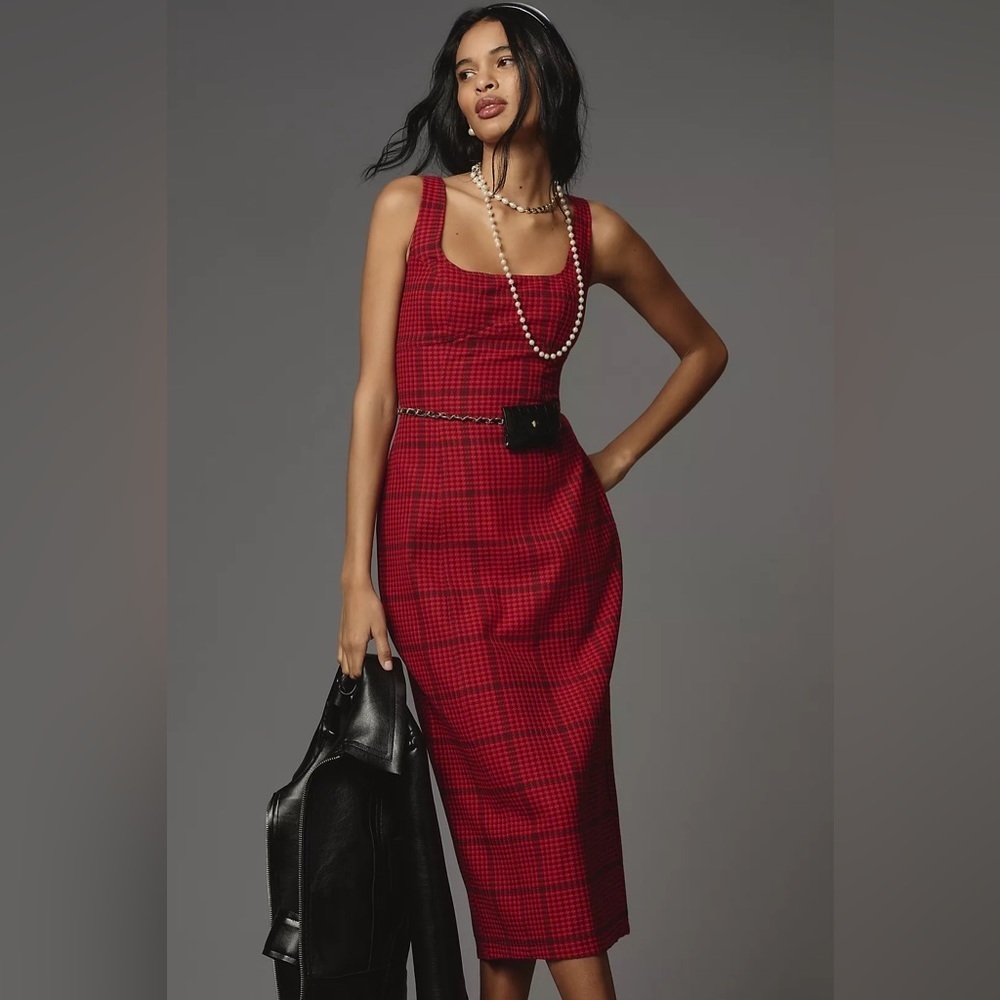 Anthropologie Red Plaid Midi Dress